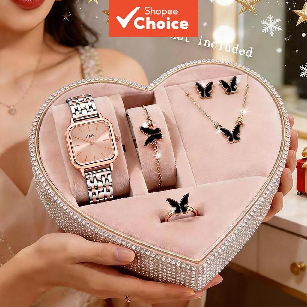 Conjunto de Relógio e Joias Feminino 5 em 1: Relógio de Aço Inoxidável com Colar Borboleta, Brincos, Pulseira e Anel