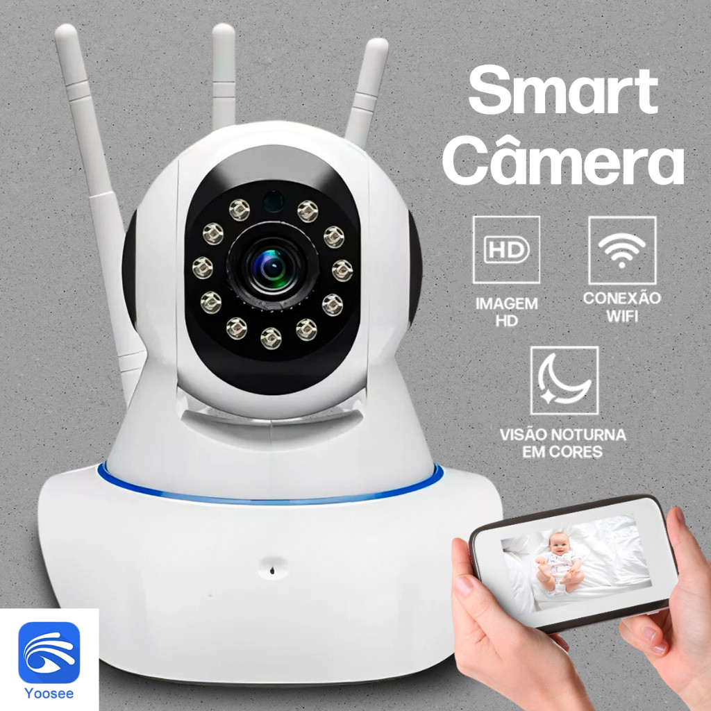 Câmera IP Wi-Fi 360° 3 Antenas HD Babá Eletrônica Smart Visão Noturna Alarme Sem Fio App Yoosee em Oferta na Shopee