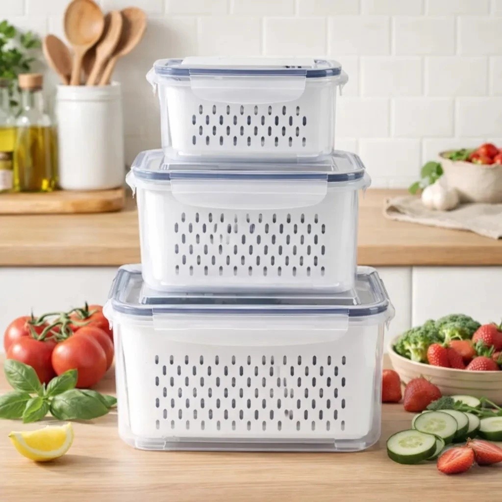 Kit 3 potes Organizadores Geladeira Herméticos Cozinha Alimentos Com Cesto Removível Lavar Frutas