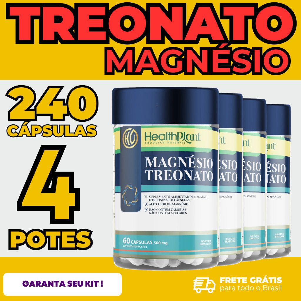 Kit Com 4 Un Magnésio L Treonato Puro 240 Cápsulas 500mg Auxilia Na Memória - Health Plant