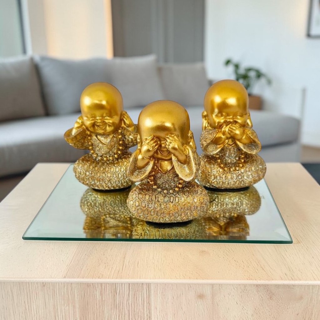 Conjunto Decorativo Trio Buda Bebê Cego Surdo Mudo Dourado + Bandeja Espelho