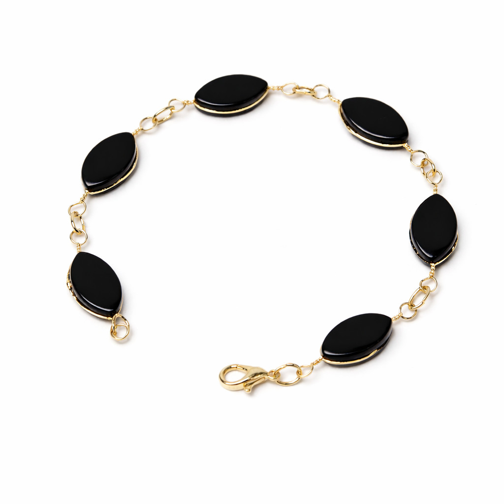 Pulseira Navete Pedra Obsidiana Negra Ranhurado Dourado