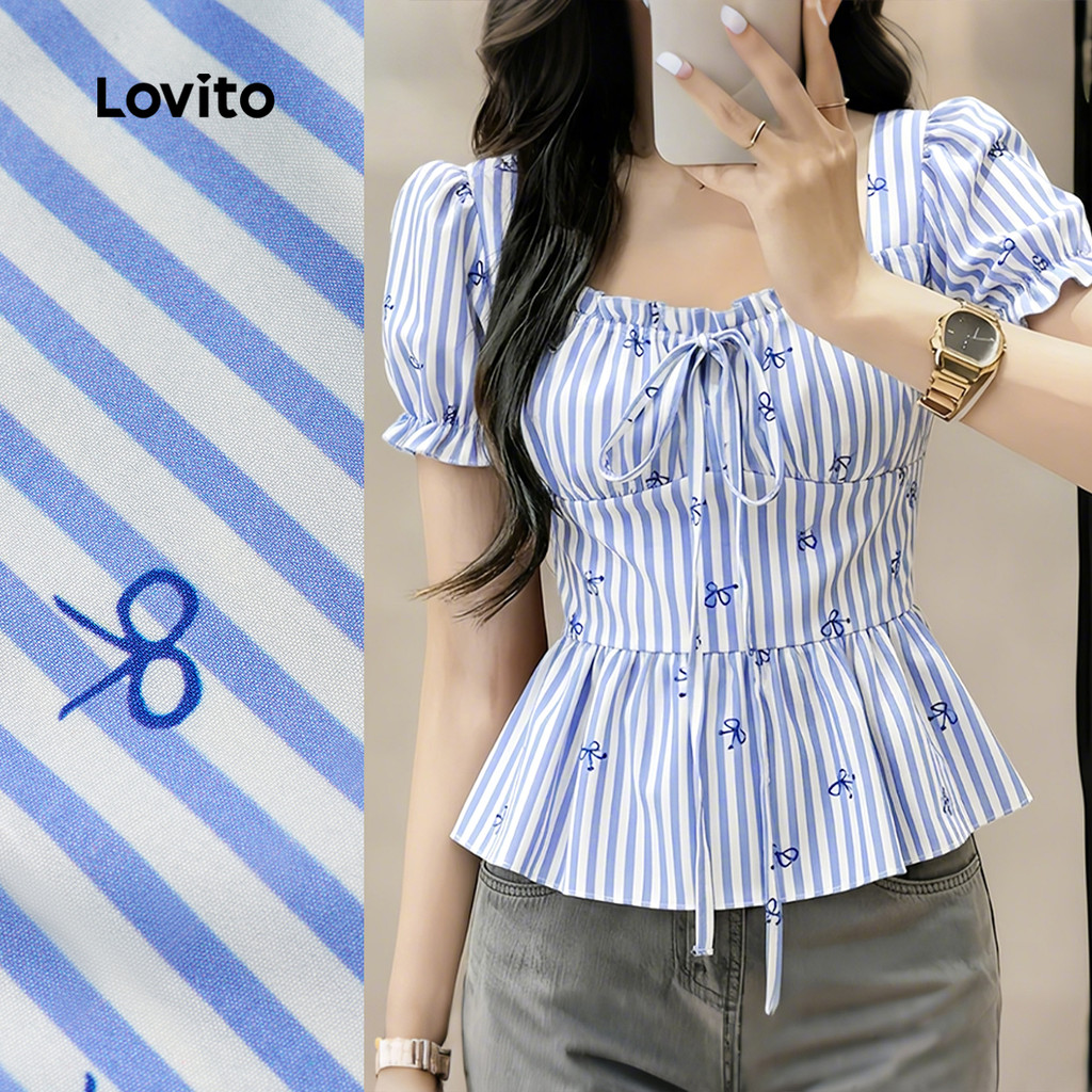 Lovito Casual Blusa com Amarração e Babados Primavera/verão Blusa Azul para Mulh