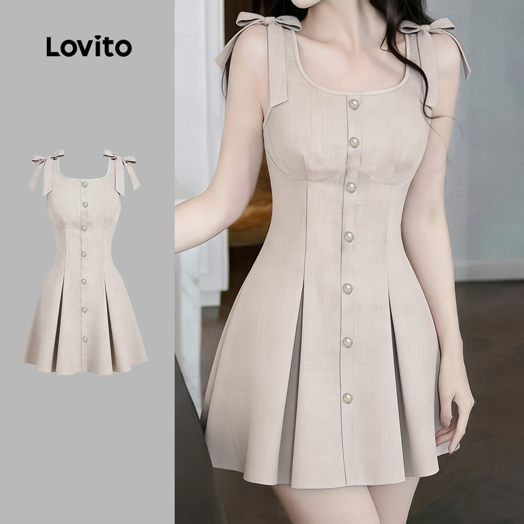 Lovito Vestido Casual com Zíper e Cadarço Plissado Primavera/verão Khaki para Mu