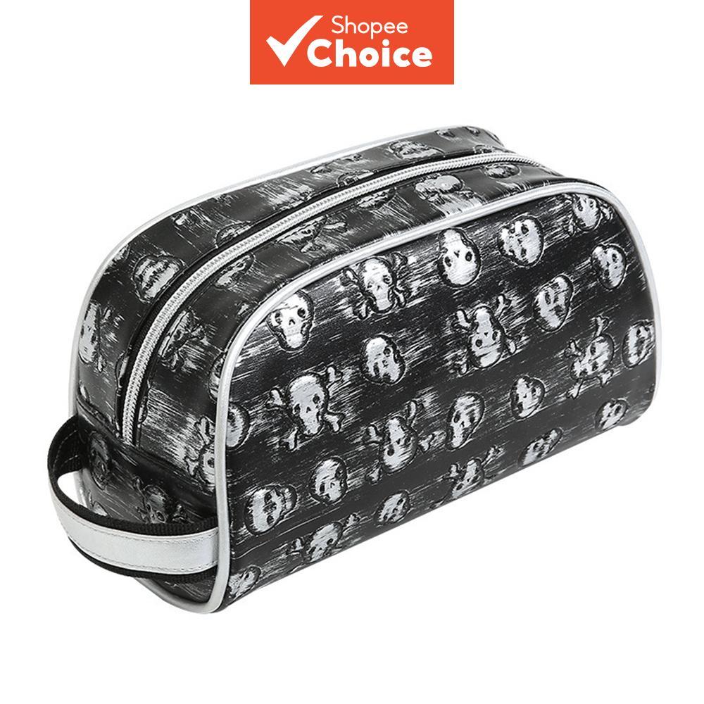 Bolsa de Cosméticos Portátil com Alça, em Couro PU à Prova d'Água, Design de Caveira, Bolsa de Higiene Pessoal Grande