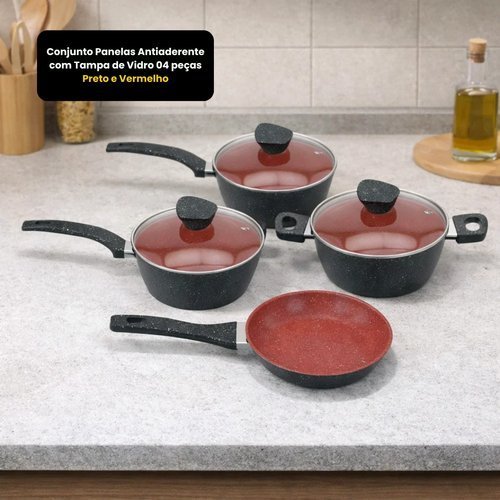 Conjunto Panelas Antiaderentes Tampa Vidro Conjunto 4 Pecas Preto Vermelho