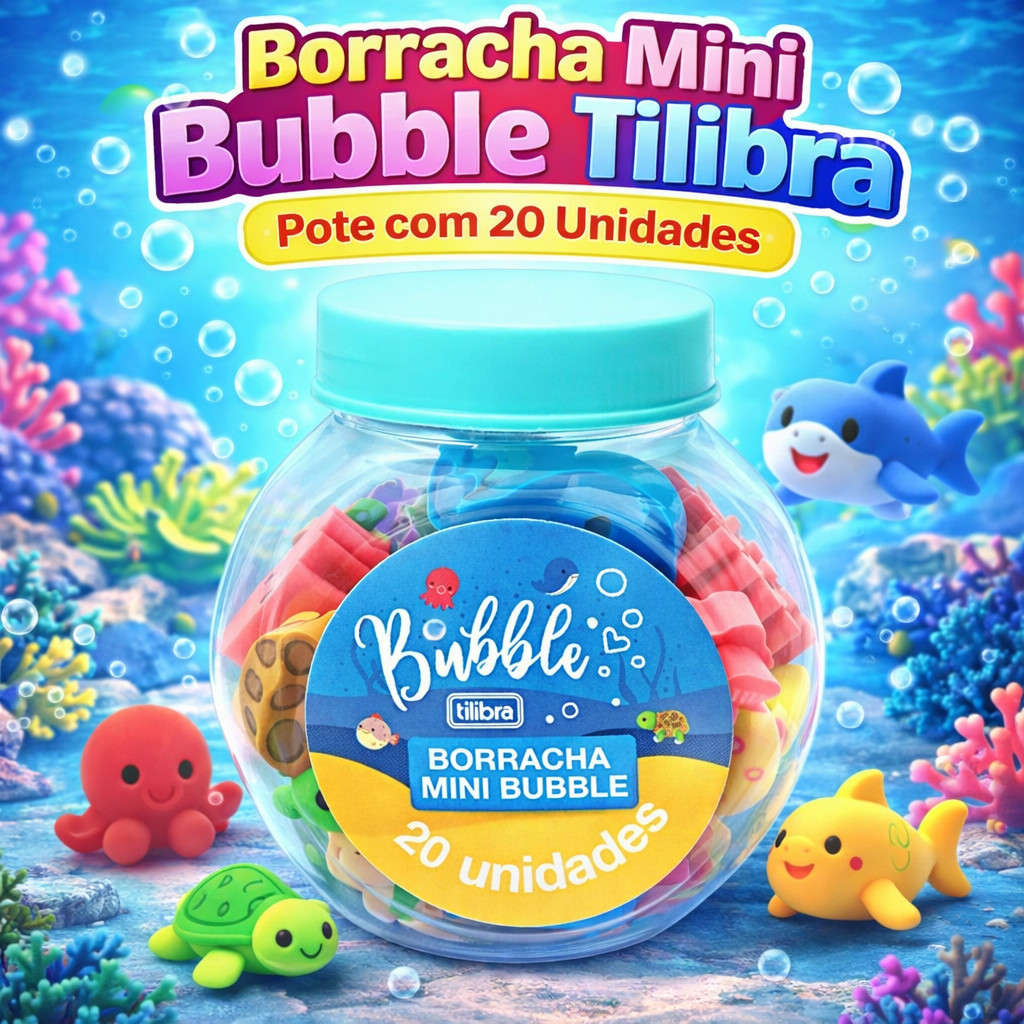 Borracha Mini Bubble Tilibra Pote com 20 Unidades Escolar Macia Não Mancha Papel Apagar Lápis Infantil Colorida