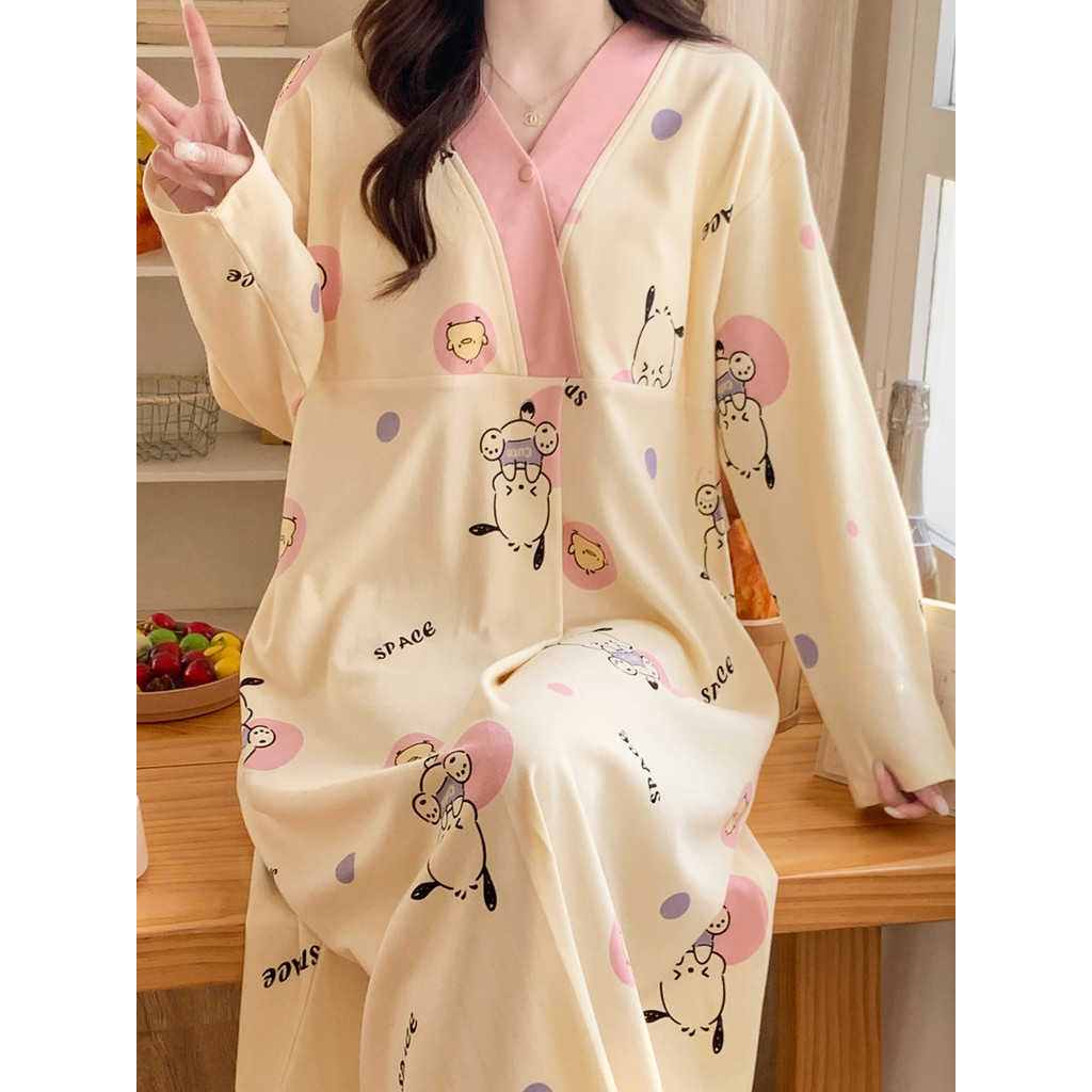 Roupas de confinamento primavera outono puro algodão estilo fino vestido com almofada no peito pós-parto enfermagem mulh