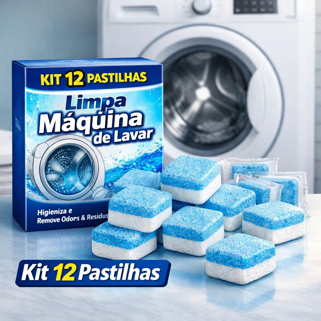 Kit 12 Pastilhas Limpa Máquina de Lavar Higieniza e Ajuda a Remover Odores e Resíduos para Uso Mensal