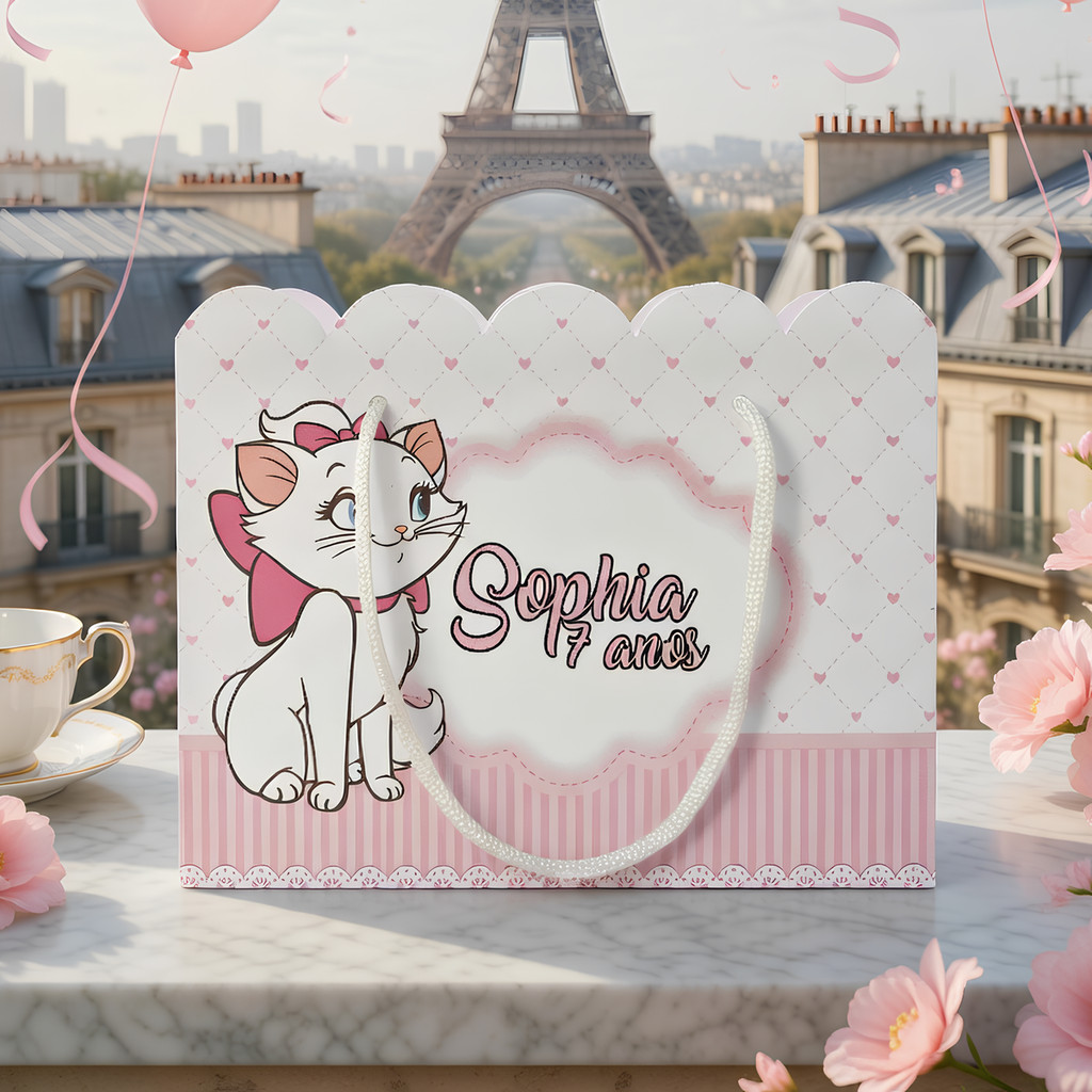 Kit Sacolinha Sacola Papelaria Personalizada Gatinha Marie Sacolinha de Lembrancinha Caixinha para Festa