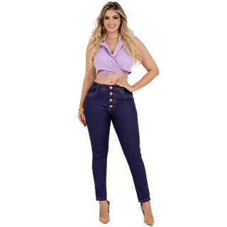 Calça Jeans Feminina Cintura Alta 4 Botões Escura Caju Family Modelagem Premium Casual Dia a Dia