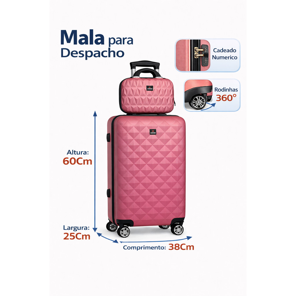 Kit Mala de viagem com Frasqueira de mao, mala de viagem 23kg para despacho de avião com rodinha mala resistente