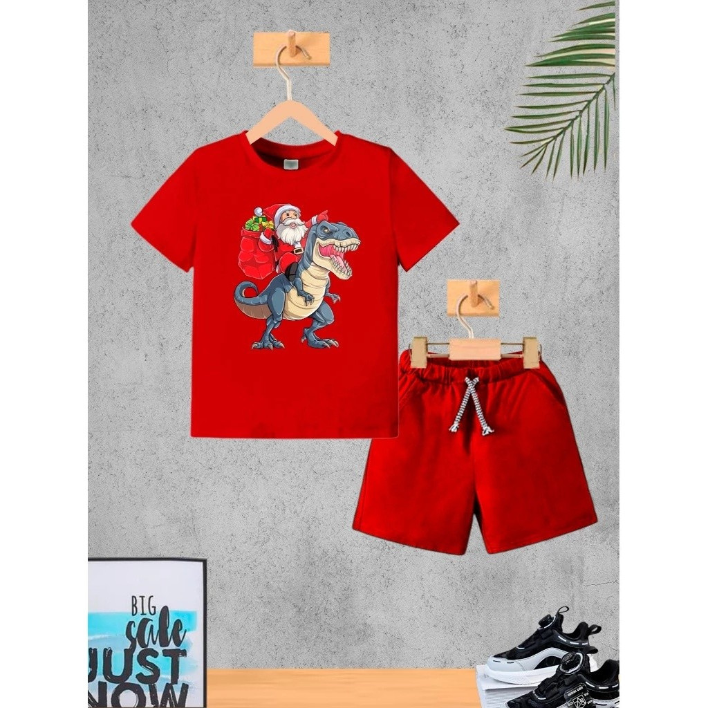 Camiseta + Short Conjunto Infantil Papai Noel C Dino Conjunto De Bermuda Juvenil Conjunto De Bermuda Juvenil