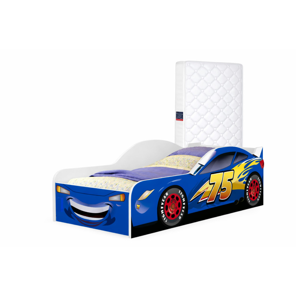 Cama Infantil Caminha Carro McQueen Azul Com Colchão Para Quarto Juvenil Feito Em MDF Resistente Grade Proteção