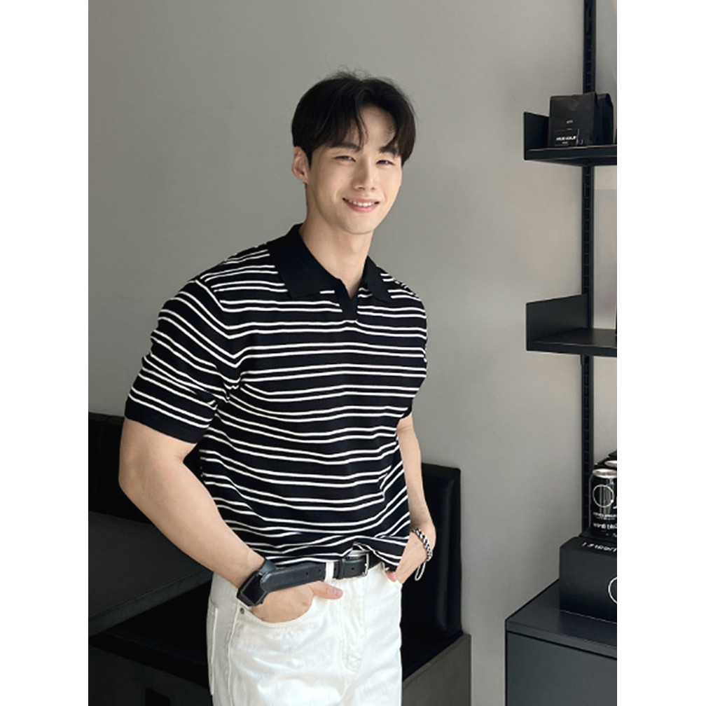 Camisa polo de malha listrada americana Street Wear masculina High-End Slim-fit manga curta lapela camiseta Design com d
