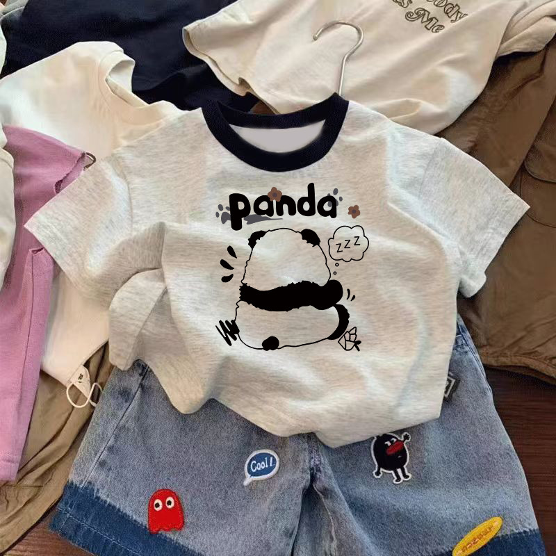 Crianças puro algodão de manga curta camiseta verão novo estilo meninos meninas topos moda bebê cor-bloqueando Panda imp
