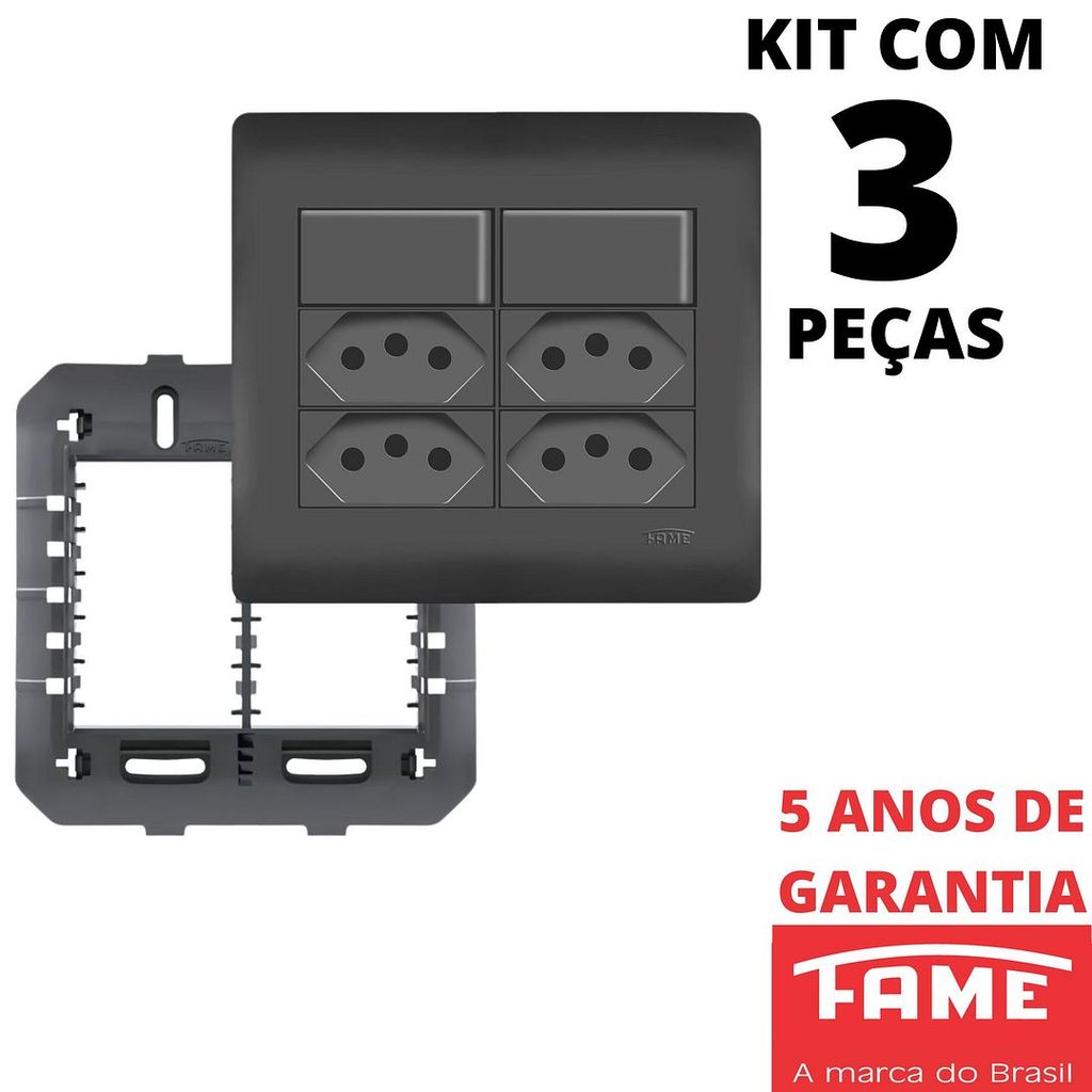 3un Interruptor Paralelo Three Way 10A 2 Teclas Tomada Padrão Quadrupla 2P+T 10A Com Placa 4X4 Habitat Black Preto FAME