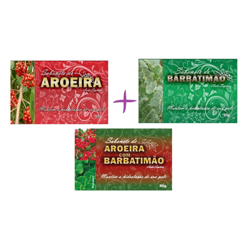 KIT PROMOCIONAL sabonete natural antisséptico Bionature: 1 AROEIRA + 1 BARBATIMÃO + 1 AROEIRA com Barbatimão - 90g