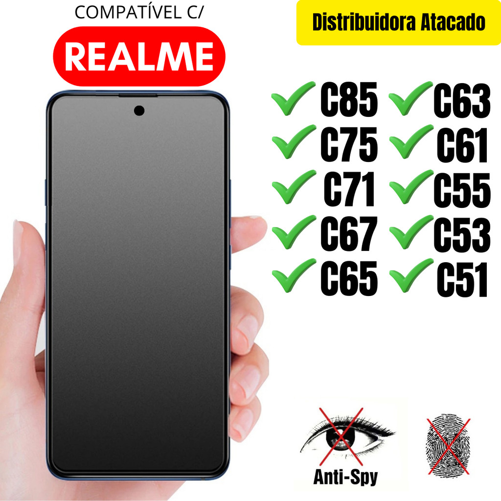 Película Cerâmica Privacidade Fosca 3D P/ Realme C85 / C75 / C71 / C67 / C65 / C63 / C61 / C55 / C53 / C51 Matte AntiSpy em Oferta na Shopee
