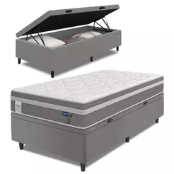 Cama Box Baú Colchão Solteiro Molas Ensacadas Euro In Up 88x188x67cm Cinza / Branco Probel