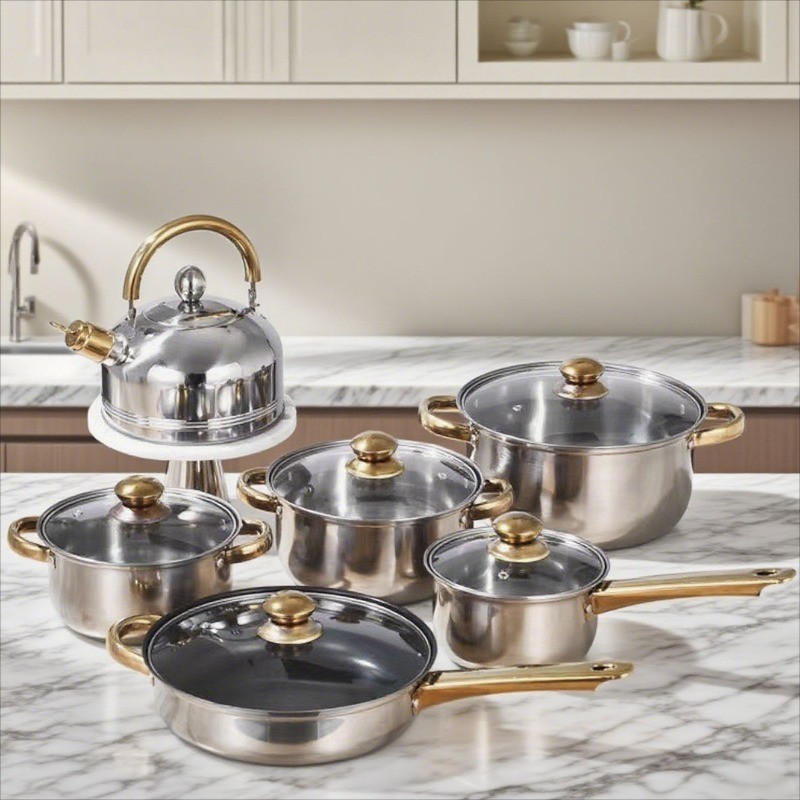 Conjunto de 12 peças de panela antiaderente de aço inoxidável: contém 5 panelas de sopa com tampa e 1 frigideira com tam