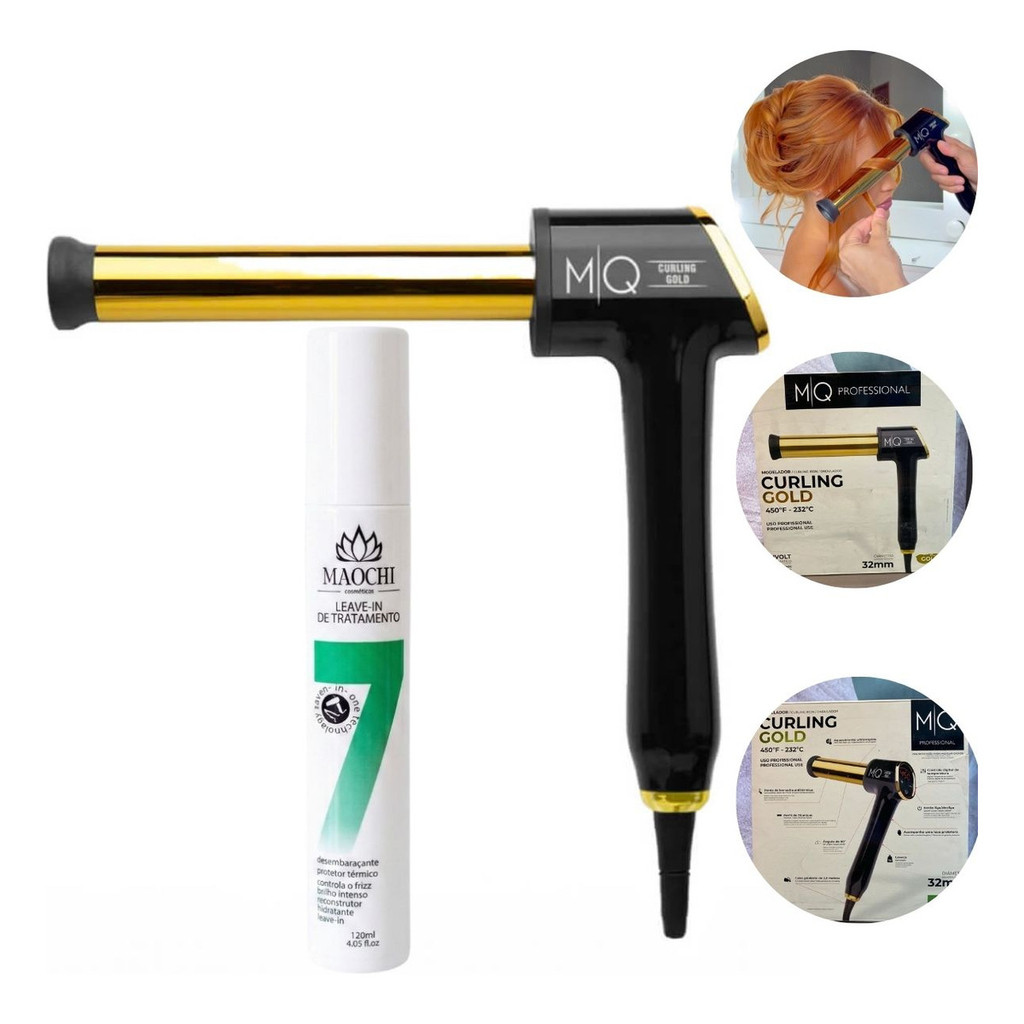 Modelador de Cachos Profissional MQ Curling Gold Pistola Titanium Display LED Bivolt+Leave-in 7in1