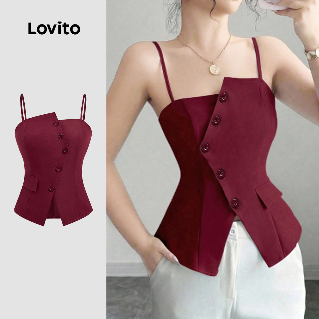 Lovito Blusa Casual Assimétrica Com Botões Cor Vinho Para O Ano Novo Ideal Para Mulheres L165AD866