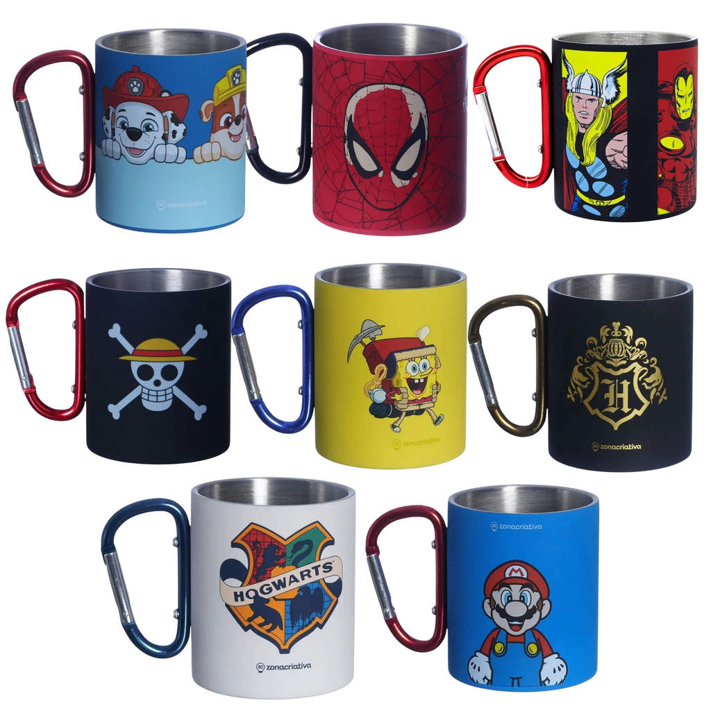 Caneca Mosquetão 300ml Aço Inox – Escolha seu Tema