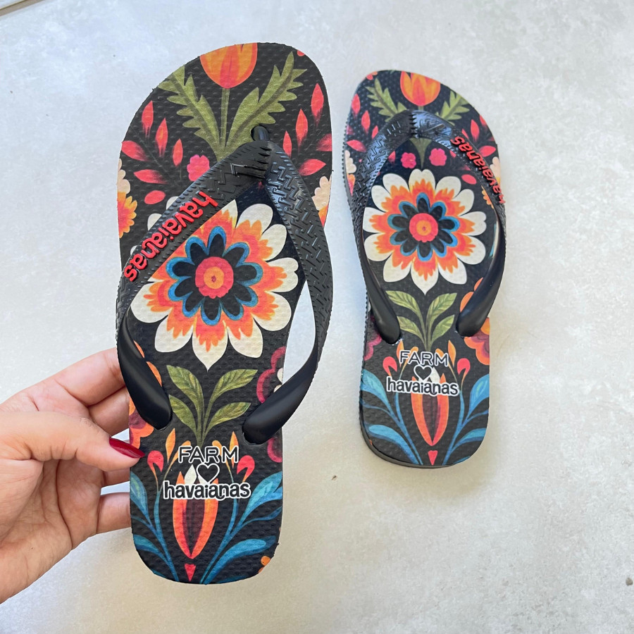 Promoção Chinela Feminino Estampado Tira Grossa Para Um Toque farm Alegria Envio Rápido 01