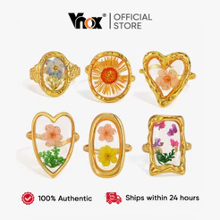 Vnox Anel De Declaração De Flores Secas Feito À Mão Para Mulheres , Aço Inoxidável Dourado , Ajustável , Flor Prensada ,
