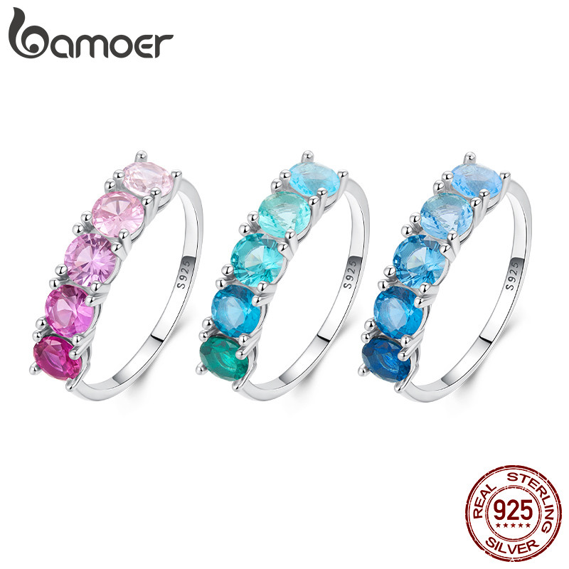 Anel De Prata Esterlina 925 Bamoer Gradiente Verde Rosa Azul Joias Da Moda Presentes Para Mulheres