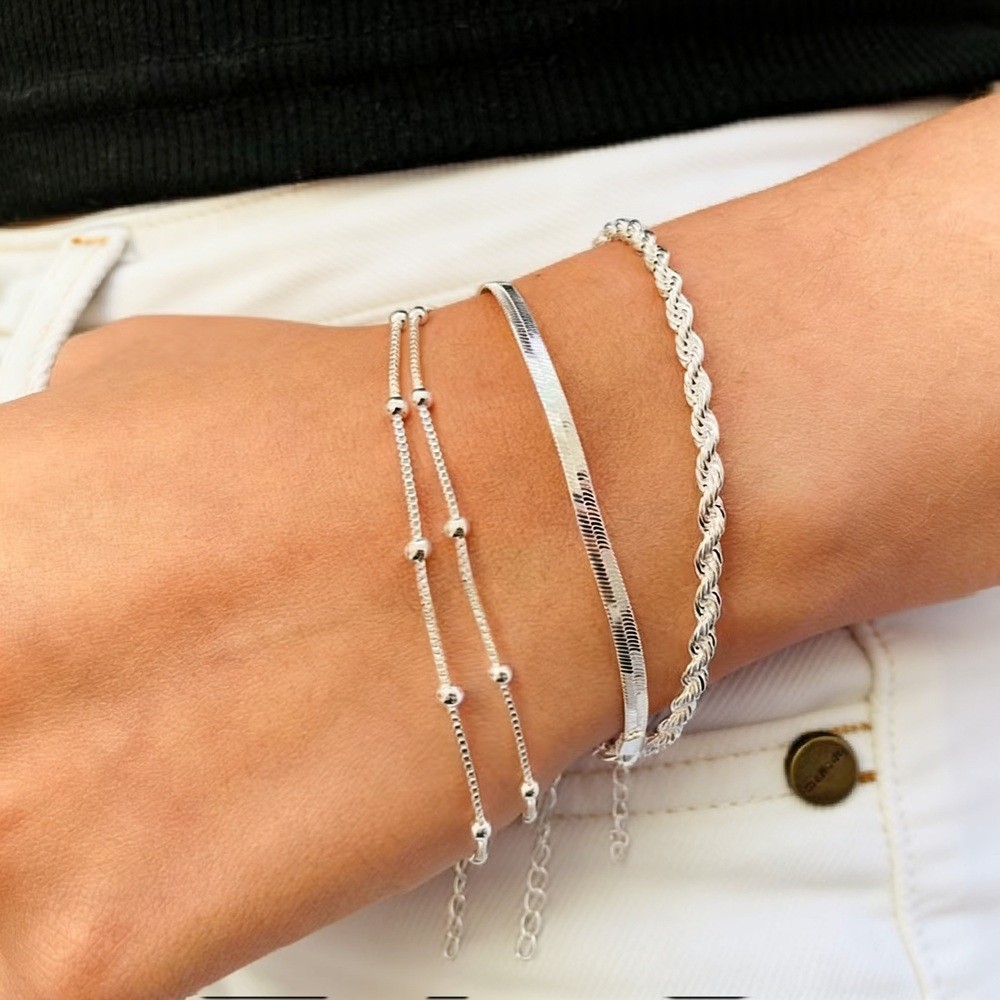 Kit 3 Pulseiras Prata 925 Folheada Cordão Baiano Fio Liso Metalizada Conjunto Pulseira Feminina de Bolinha em Oferta na Shopee