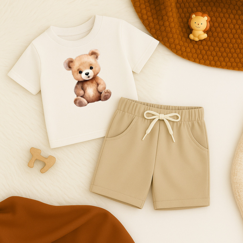 Conjunto Infantil Masculino Camiseta Algodão + Short Moletinho Estampado Ursinho Sentado 961 Kit