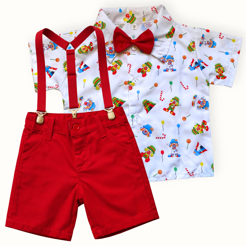 Conjunto Patati-Patatá Infantil Look Festa, Aniversário e Mesversário Roupa Temática Menino com Suspensório e Gravata
