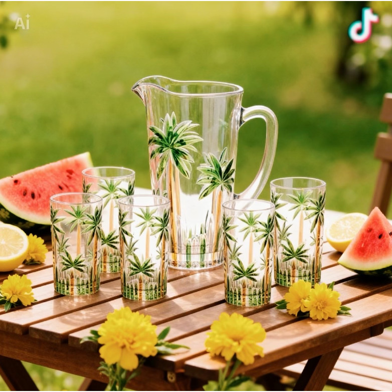 WOLFF - Conjunto Jarra com 6 Copos de Cristal Palm Tree Handpaint