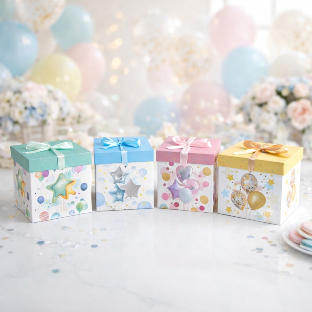 Caixa De Presente Média 22x22x22 Com Laço - Aniversário Festa Balões Felicidades Comemoração em Oferta na Shopee