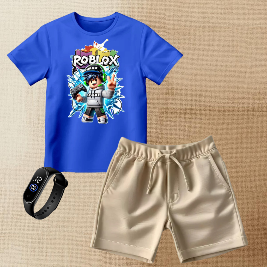 Conjunto Infantil Camiseta Roblox Bermuda Moletinho + Relógio Menino Gamer Estiloso em Oferta na Shopee