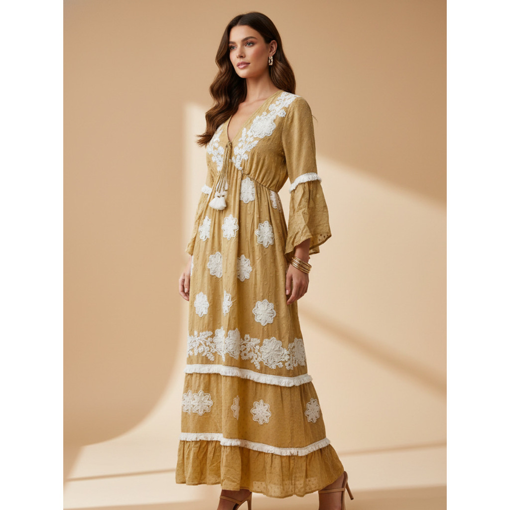 Vestido Longo Boho Bordado Floral Com Tassel Azul-PLK-9100