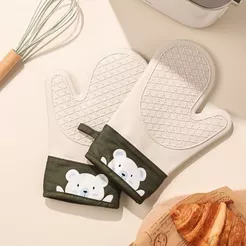 1Par ou 1Unidadade Luvas Isoladas Anti-Queimadura Silicone Espessado Cozinha Assar Forno Especial Branca com verde