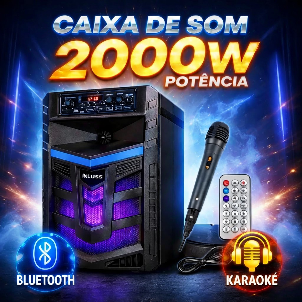 CAIXA DE SOM 2000W COM MICROFONE E CONTROLE REMOTO - FUNÇÕES KARAOKE E BLUETOOTH