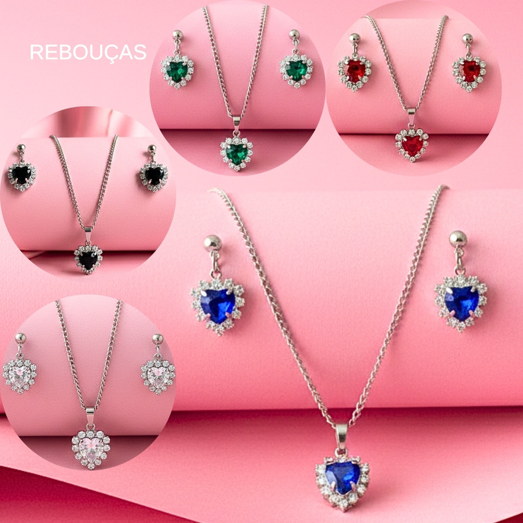 Conjunto Colar e Brinco Pingente Aço Inoxidavel Antialérgico Coração Cravejado em Oferta na Shopee