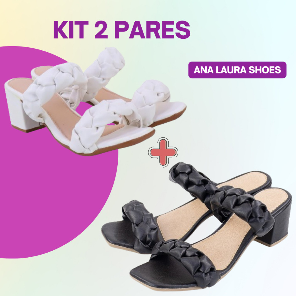 Kit 2 Pares Sandália Feminina Salto baixo Tamanco Bloco Trançado Confortável Verão Estilosa Casual Feminina Elegante Ex
