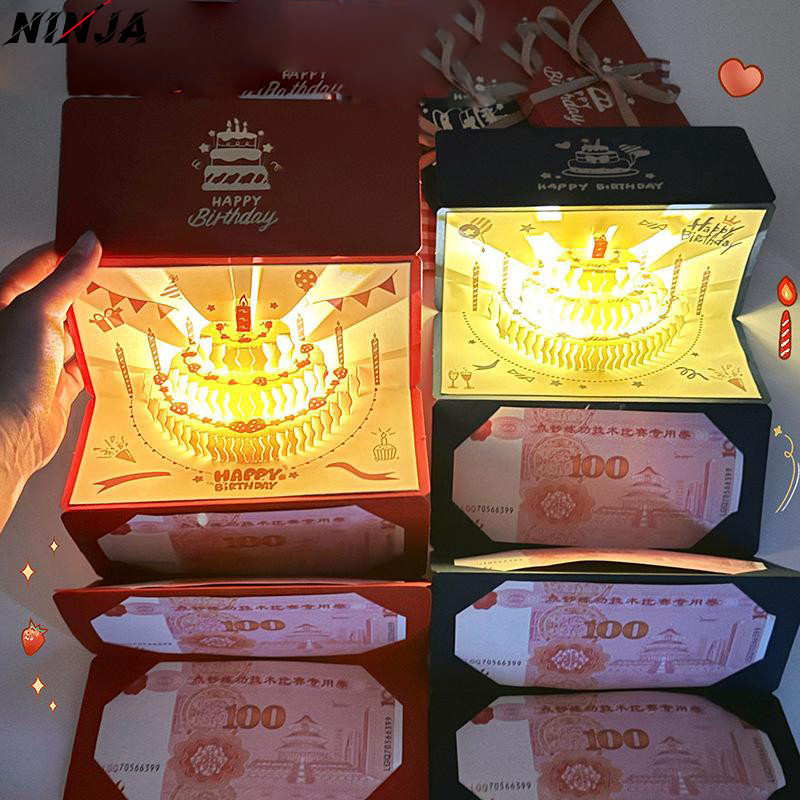 Envelope Vermelho Dobrável De Aniversário 3D De 2 A 1 Unidade-Cartão Pop-Up De Bolo-Pacote Surpresa De Música De Ilumina