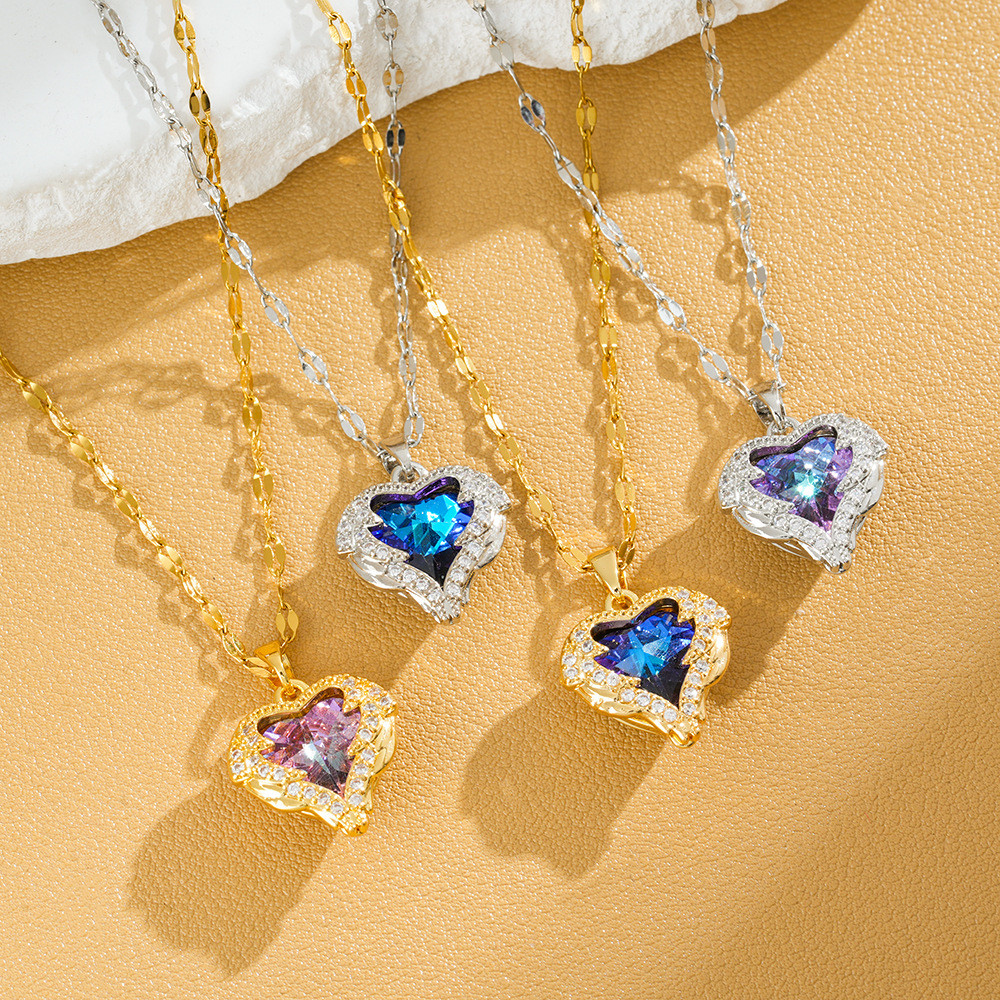 Colar De Cristal Roxo Oceano Coração Com Pingente De Amor Titânio Aço Não Desbotado Colar Acessórios em Oferta na Shopee