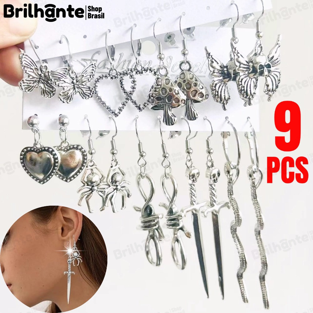 KIT9 Coreano Vintage Borboleta Coração Cobra Cogumelo Brincos De Halloween Conjunto Joias Cardadas em Oferta na Shopee