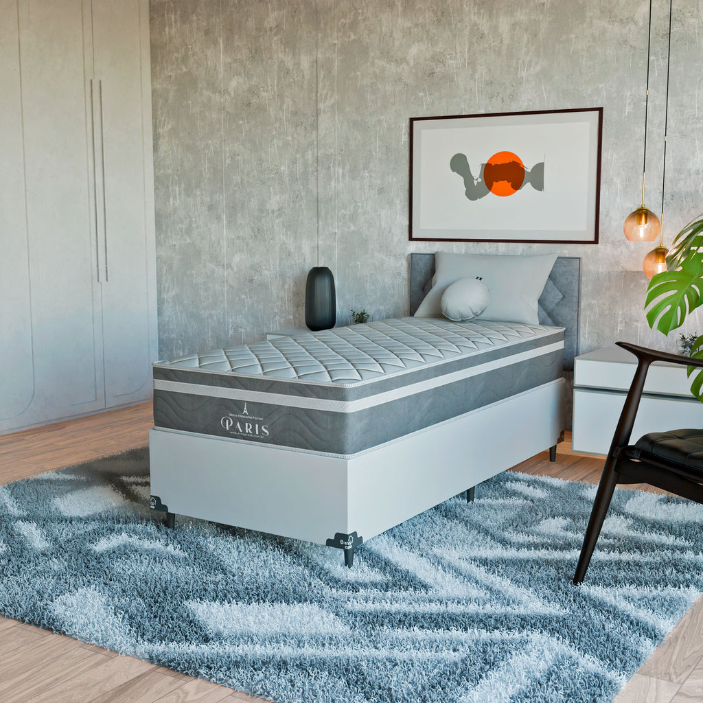 Cama Box Solteiro + Colchão Paris Molas Ensacadas Cinza