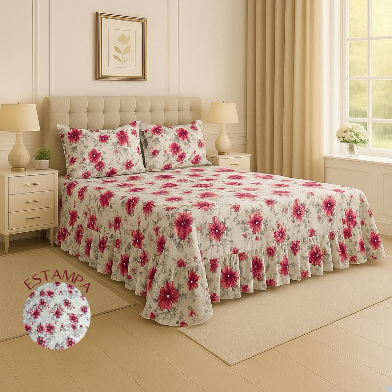 Colcha Lençol Babado Casal Queen 03 Peças Micropercal Toque de Algodão - Completo + Fronha