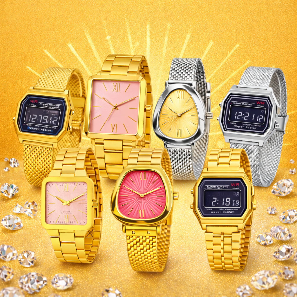 Kit 5/3 Relógios Femininos Retrô Dourado e Prata Analógico Digital em Oferta na Shopee