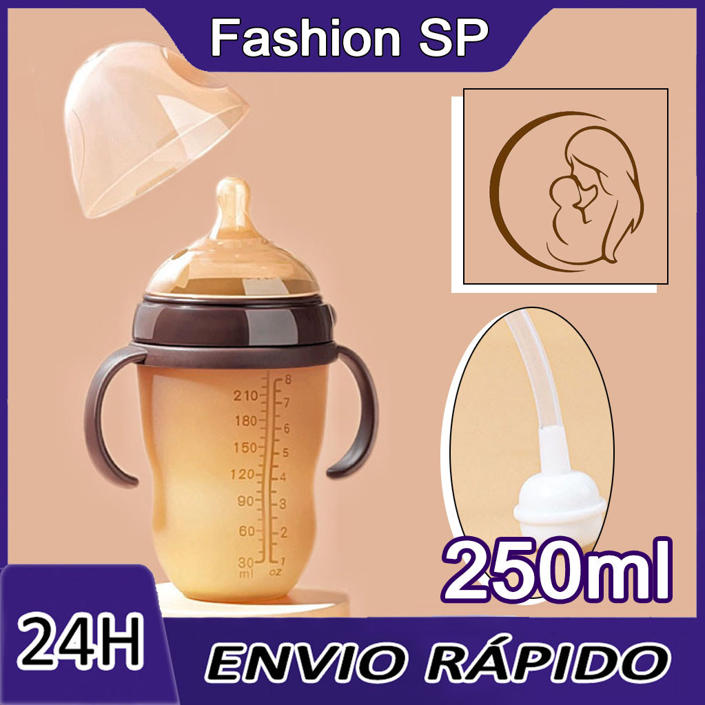 250ml Imitação De Leite Materno Anti-cólica E Refluxo Silicone Mamadeira Com Alça Palha Gravidade Bola Bico em Oferta na Shopee