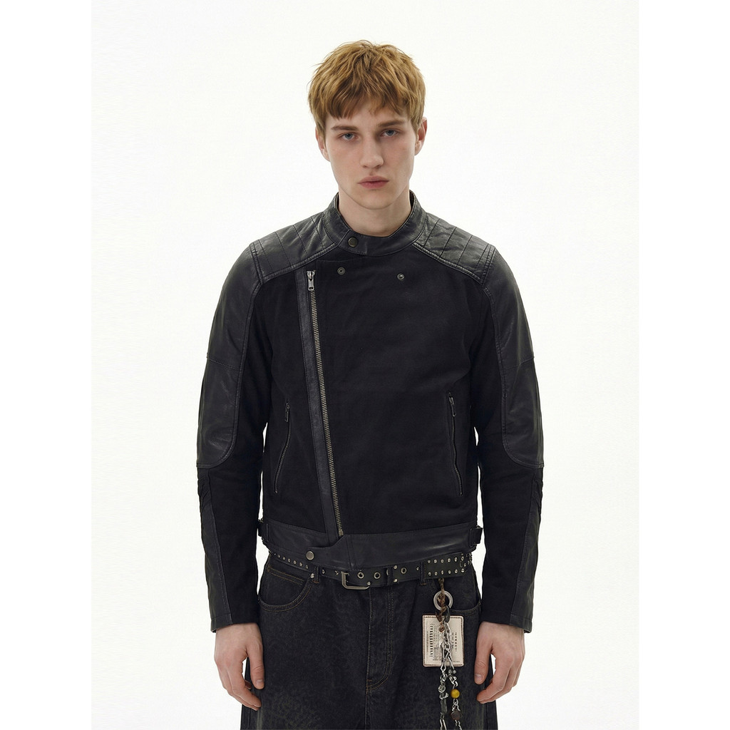 Jaqueta Masculina Retrô Patchwork De Couro Para Motociclista Boxyfit Curto Slim Fit Top